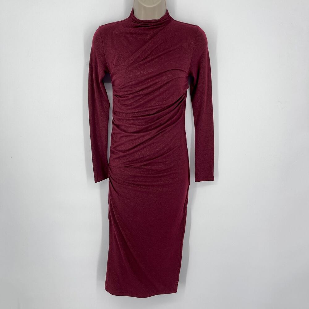 Enza Costa REVOLVE Women's Twist Midi Dress Shimmer Detailed NEW Sz XS Dark Ruby